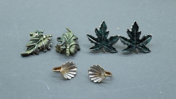 Lot Of 3 Nature-Inspired Clip-On Earrings  Leaf, Shell, Rhinestone & Enamel Statement Jewelry Bundle