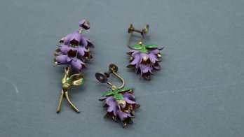 Vintage 1950s Lavender Enamel Bellflower Brooch & Earrings Set  Spring Garden Cottagecore Floral