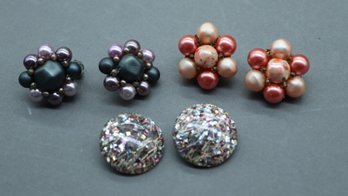 Vintage Japan Cluster Clip-On Earrings Lot (3 Pairs)  1950s 1960s Faux Pearl & Confetti Glitter Set