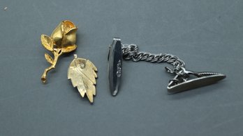 Vintage Gold-Tone Brooches & Silver-Tone Sweater Clip  Leaf, Rose & Classic Scroll Design