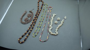 Lot Of 5 Handcrafted Necklaces & 2 Clip-On Earring Sets  Shell, Sequin, Paper & Wood Beads