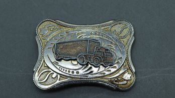 Vintage Trucker Belt Buckle  18-Wheeler Semi Truck Silver & Brass Western Buckle