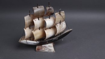 Vintage Carved Horn & Bone Sailboat Model  Handcrafted Nautical Folk Art Ship On Stand