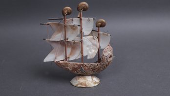 Vintage Mid-Century Nautical Shell Clipper Ship Sculpture  Natural Seashell & Mother-of-Pearl Sails