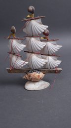 Handcrafted Vintage Seashell Tall Ship  3-Mast Nautical Shell Art Sculpture