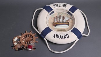 Nautical Decor Lot  Welcome Aboard Life Ring W/ 3D Ship & Ship Wheel Wall Plaque  Coastal Cabin Style