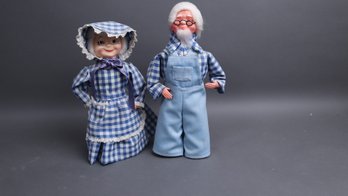 Vintage Farmhouse Grandma & Grandpa Dolls  Blue Gingham Country Couple, 1970s Americana Set