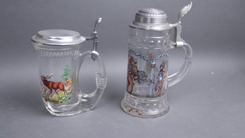 Vintage Glass German Beer Steins Pair  Stag Hunting & Roman Warrior Motif W/ Pewter Lids