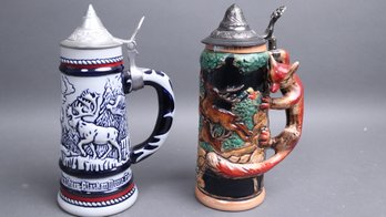 Vintage AVON Alaskan Wildlife Beer Stein & German Figural Music Box Fox Stein - 1970s Pair