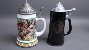 Vintage German Beer Steins Pair  Hand-Painted Hunt Scene & VIP Black Crest W/ Pewter Lids