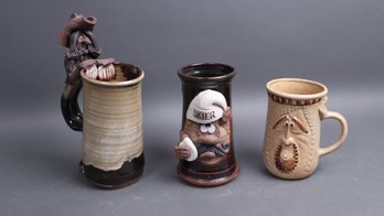Whimsical Face Mugs Lot (3)  1980s Handmade Pottery