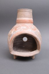 Hand-Painted Vintage Terracotta Tabletop Chiminea With Tripod Base  Swirl Motif Design