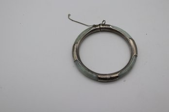 Vintage Chinese Translucent Green Jadeite Jade Sterling Silver Bracelet With Safety Chain