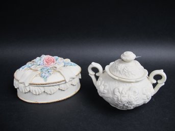 Pair Of Vintage Porcelain Keepsake Boxes  San Francisco Music Box & White Rose Sugar Bowl, Shabby Chic