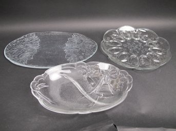 Lot Of 3 Clear Pressed Glass Serving Trays  Deviled Egg, Holiday Bells & Floral Platter, Vintage Decorative G
