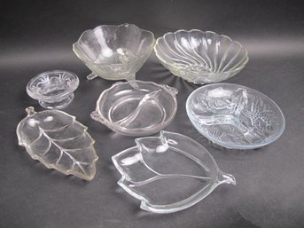 Lot Of 7 Vintage Pressed Glass Serving Dishes  Leaf, Floral & Divided Patterns For Entertaining Or Display