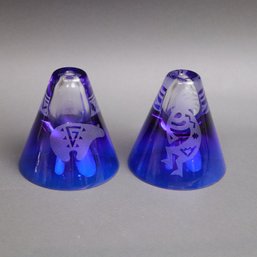 Pair Of Vintage Etched Cobalt Blue Art Glass Cones  Kokopelli & Tribal Bear Motifs  Made In Poland