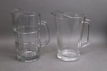 Pair Of Heavy Clear Glass Beverage Pitchers (Made In USA, Pub Style & Classic Tapered)