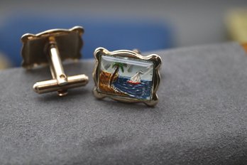 Vintage Reverse Glass Painted Cufflinks With Tropical Sailboat Scene, Mid-Century Nautical Jewelry