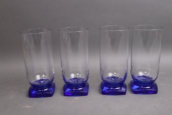Set Of 4 Tall Vintage Glasses With Cobalt Blue Bases  Mid-Century Modern Style  Square Footed
