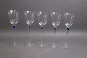 Set Of 5 Handblown Crystal Wine Glasses W/ Cobalt Blue Teardrop Stems