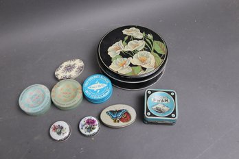 Lot Of 9 Vintage Decorative Tins- Dorcas, Swan, Butterfly, Retro Euro Tins