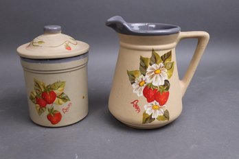 Vintage Great American Stoneware Pitcher & Canister Set W/ Hand-Painted Strawberries