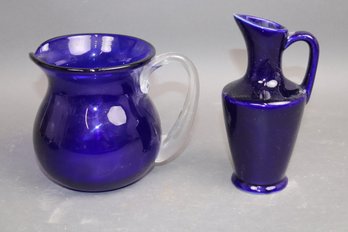 Cobalt Blue Art Glass Pitcher & Ewer Set  Clear Handle  Midcentury Style