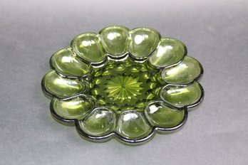 Vintage Green Pressed Glass Deviled Egg Platter  Mid-Century Flower Petal Tray  Retro Kitchen Decor