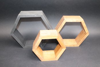 Modern Geometric Hexagon Wall Shelves  Set Of 3 Wood Display Boxes, Natural & Charcoal Finish