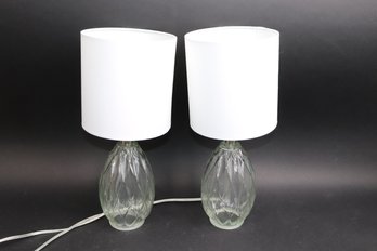 Pair Of Diamond-Cut Glass Table Lamps W/ White Shades