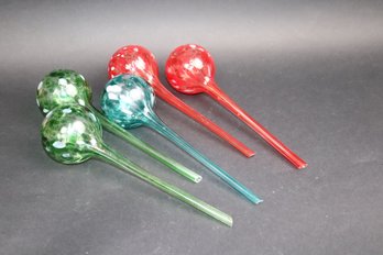 Set Of 5 Hand-Blown Glass Plant Watering Globes  12 Aqua Globes  Red, Green, Teal Mix