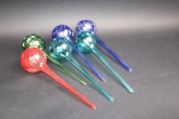 Set Of 6 Hand-Blown Glass Plant Watering Globes  Aqua Globes  Garden Decor  Red Blue Green Mix