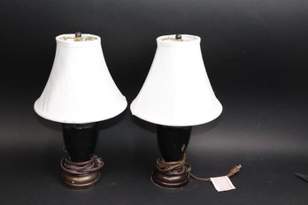 Pair Of Classic Black & Bronze Table Lamps W/ Shades