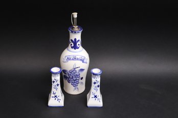 Blue & White Pamela Gladding 'Avignon' Ceramic Bottle & Candleholder Set  French Country Style