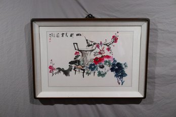 Vintage Chinese Watercolor Floral Scroll Painting With Calligraphy In Framed Mount