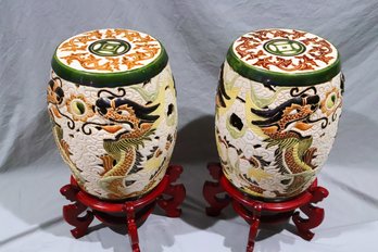 Pair Of Vintage Chinese Ceramic Dragon Garden Stools On Red Wood Display Stands