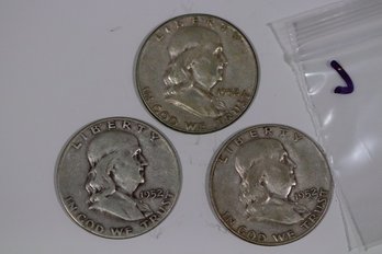 1952 Franklin Half Dollar Trio  90% Silver  D, S & No Mintmark Set  Ben Franklin Collection