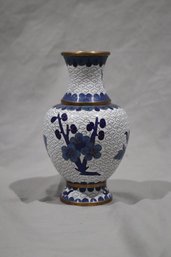 Chinese Cloisonne Vase With Swallow & Plum Blossom Motif, Blue & White Enamel