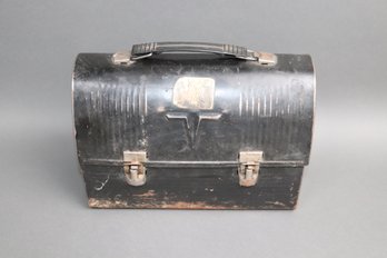 Vintage 1950s Domed Metal Lunchbox  Industrial Black Toolbox Style With Bull Embossed Front