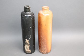 Set Of 2 Vintage Stoneware Bottles  James B. Beam Black Glaze & Rustic Whiskey Jug Pottery