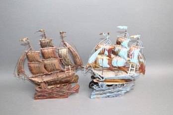Set Of 2 Vintage Mechanical Metal Ship Sculptures  Nautical Clipper Decor With Motor Base