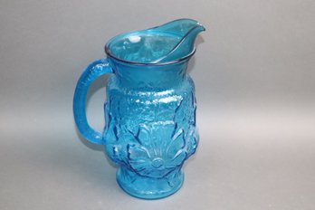 Blue Pressed Glass Pitcher With Daisy Floral Relief