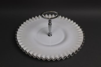 Vintage Fenton Silver Crest Milk Glass Ruffled Edge Tidbit Tray W/ Chrome Handle  Mid-Century Elegant