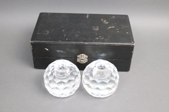 Pair Of Faceted Crystal Candlestick Holders  Vintage Mid-Century Elegance In Original Box