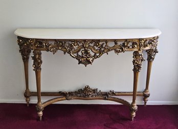 (BV2) Beautiful Antique 19th Century Italian Hand Carved Giltwood Console Table W/White Marble Top