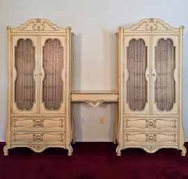 (BV4) Vintage His & Hers French Provincial Armoire Attached By Desk / Makeup Area