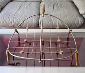 (BV9) Vintage Mid Century Modern Magazine Rack Featuring Gold -Toned Brass Finish W/Wooden Handle & Legs
