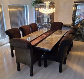 (BV15) Large Modern Custom Made Deco Style Dining Table W/ Marblized Finish & U Shaped Legs W/ 8 Chairs