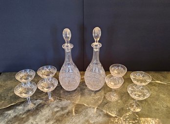 (BV16) Lot Of (10) Pcs. Crystal (2) Decanter (8) Glasses